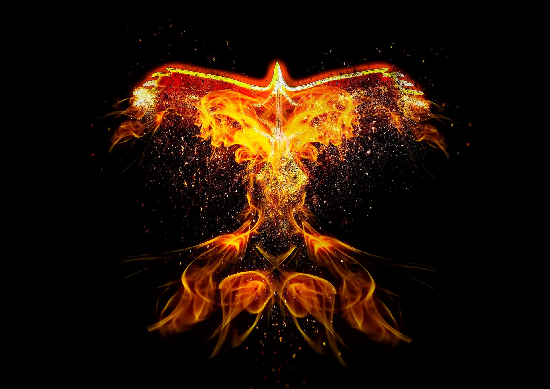 Illustration 3D d’un oiseau de feu battant dans l’obscurité